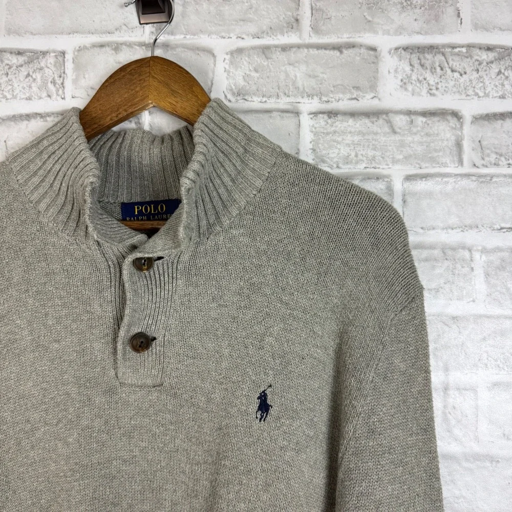 Polo Ralph Lauren Mens Large Grey Cotton Mock Neck Button Sweater Pullover Pony